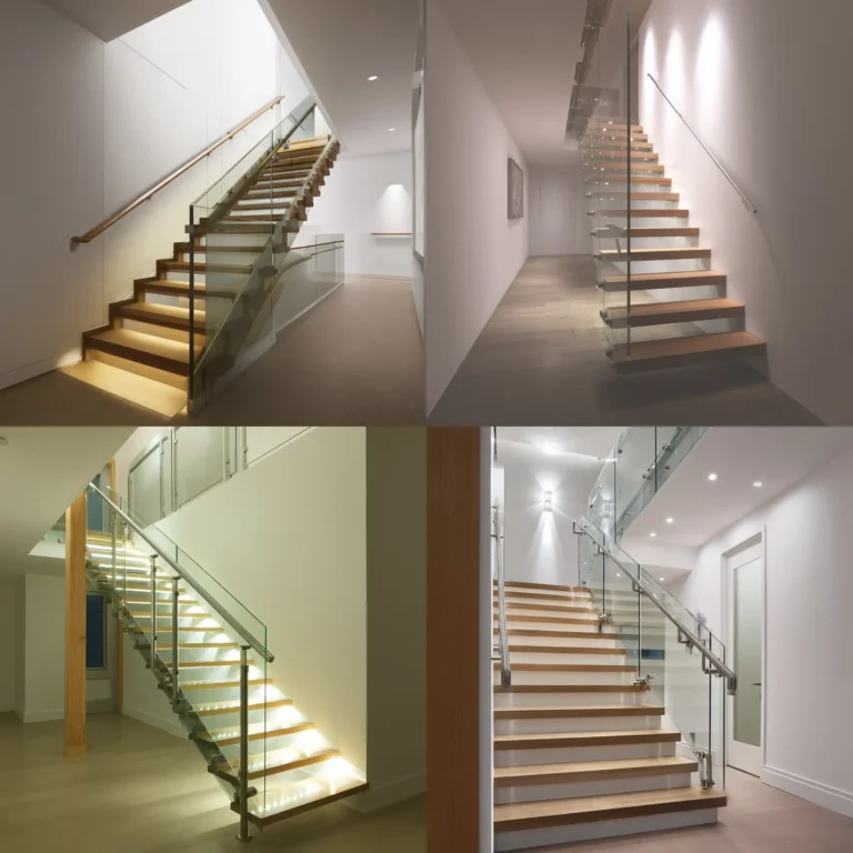 Modern stairs railing glass design with stainless steel and floating wooden steps