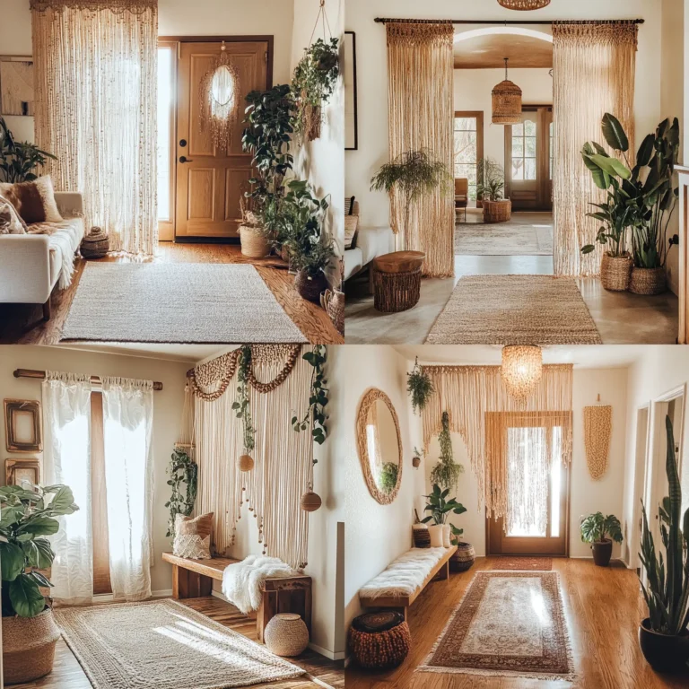 Natural wood beaded curtains in a bohemian living room entryway