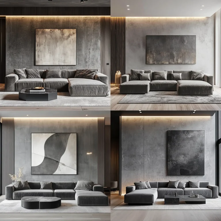 Layered grey tones palette in a modern living room with velvet sofa and soft lighting
