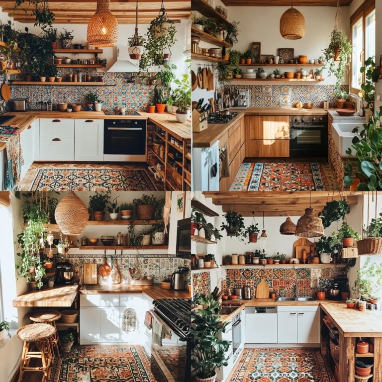 cozy boho kitchen small space with plants and wooden elements