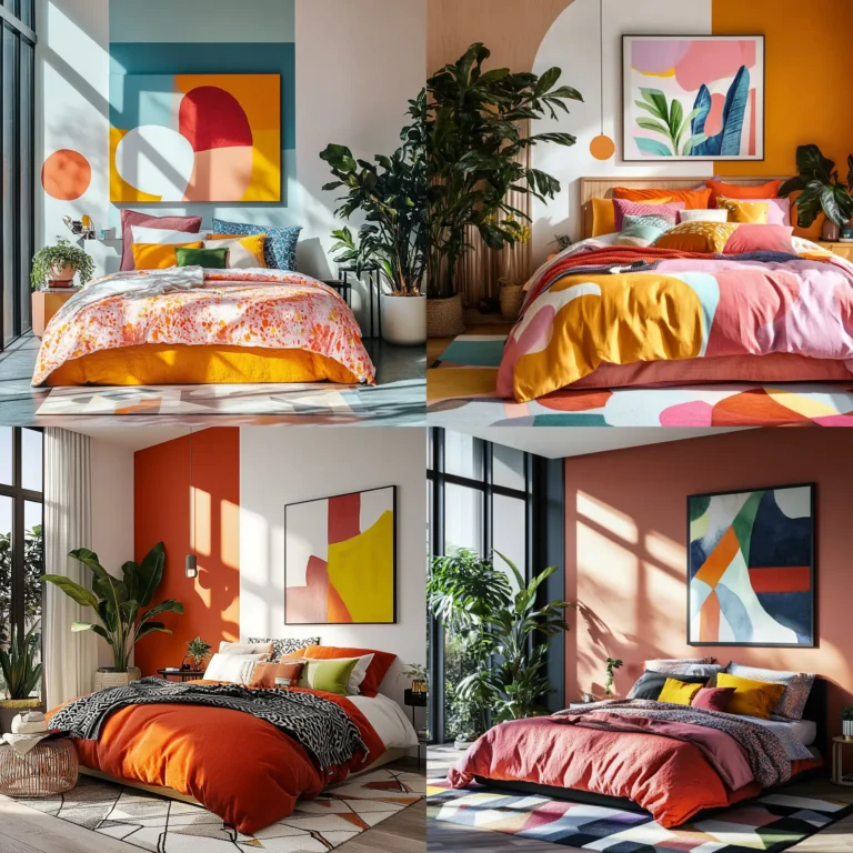 modern colourful bedroom with vibrant wall art, colorful bedding, and minimalist decor