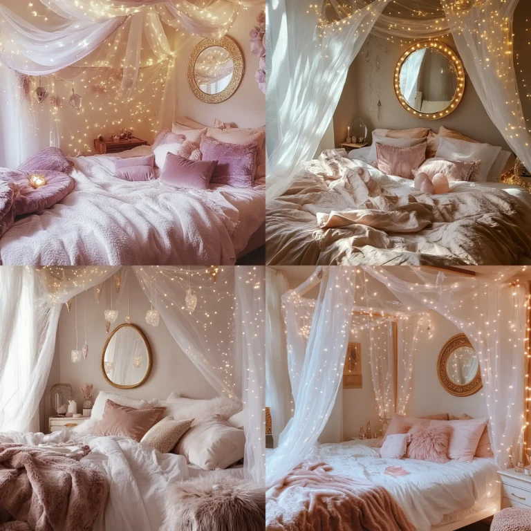 Soft and dreamy goddess aesthetic bedroom with flowing canopy and warm lighting
