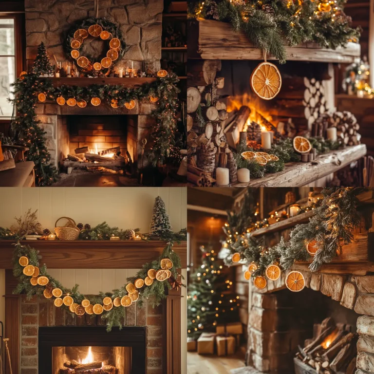 Garland made of dried orange slices hanging on a rustic fireplace mantel