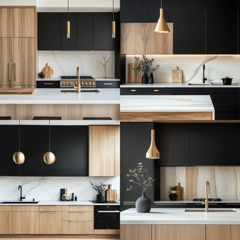 Modern kitchen with matte black cabinets and brass handles