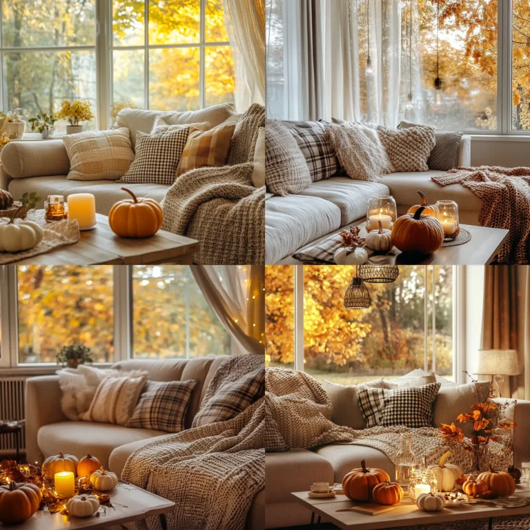 Cozy fall living room with pumpkins and plaid pillows