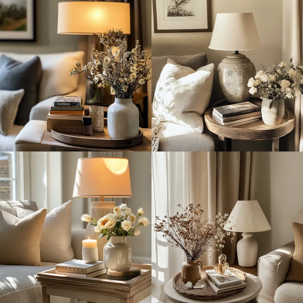 how to style living room side tables with a lamp, books, and flowers in cozy rustic decor