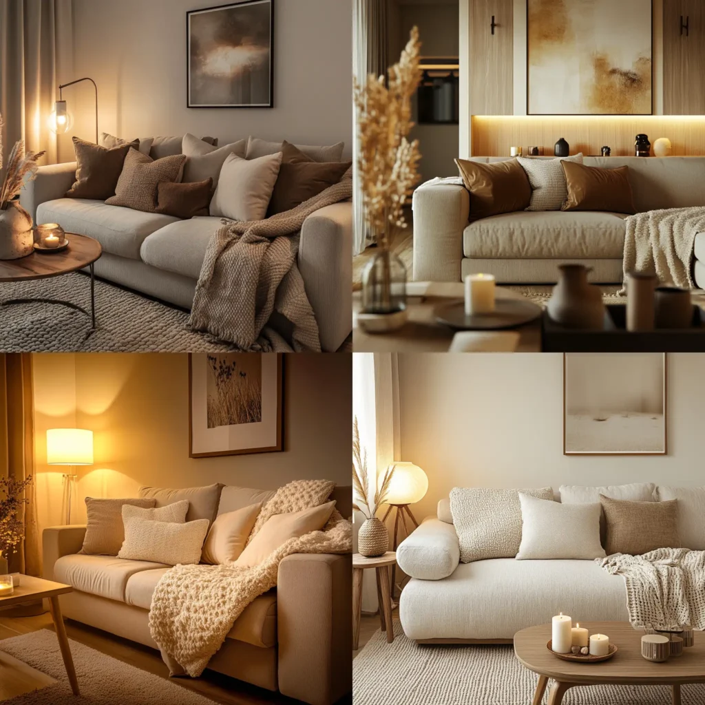 Cozy apartment living room with a plush sofa, throw pillows, and warm lighting