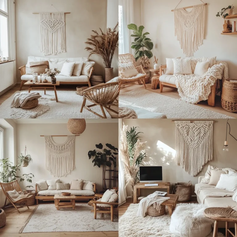 DIY wall decor idea with boho macrame wall hanging in a cozy living room setting