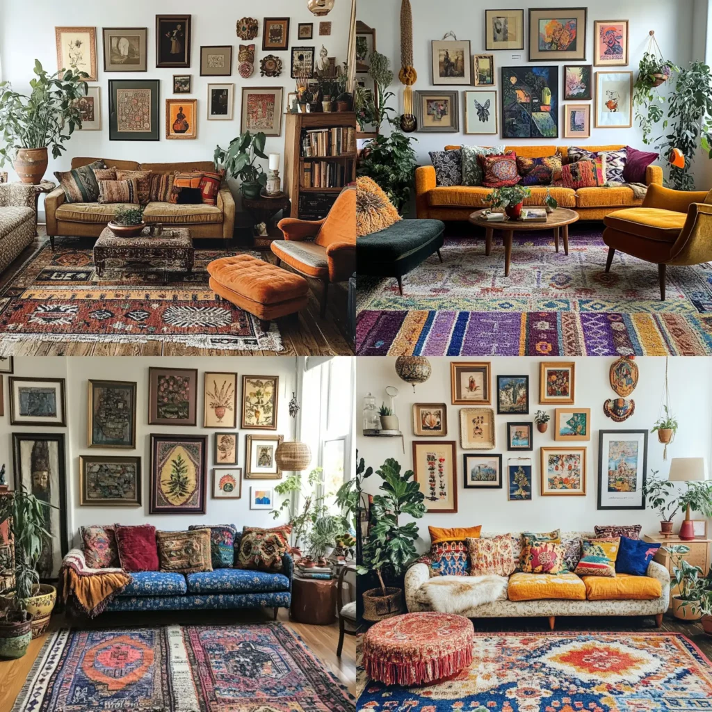 Eclectic living room style with mixed furniture, colorful rug, gallery wall, and indoor plants