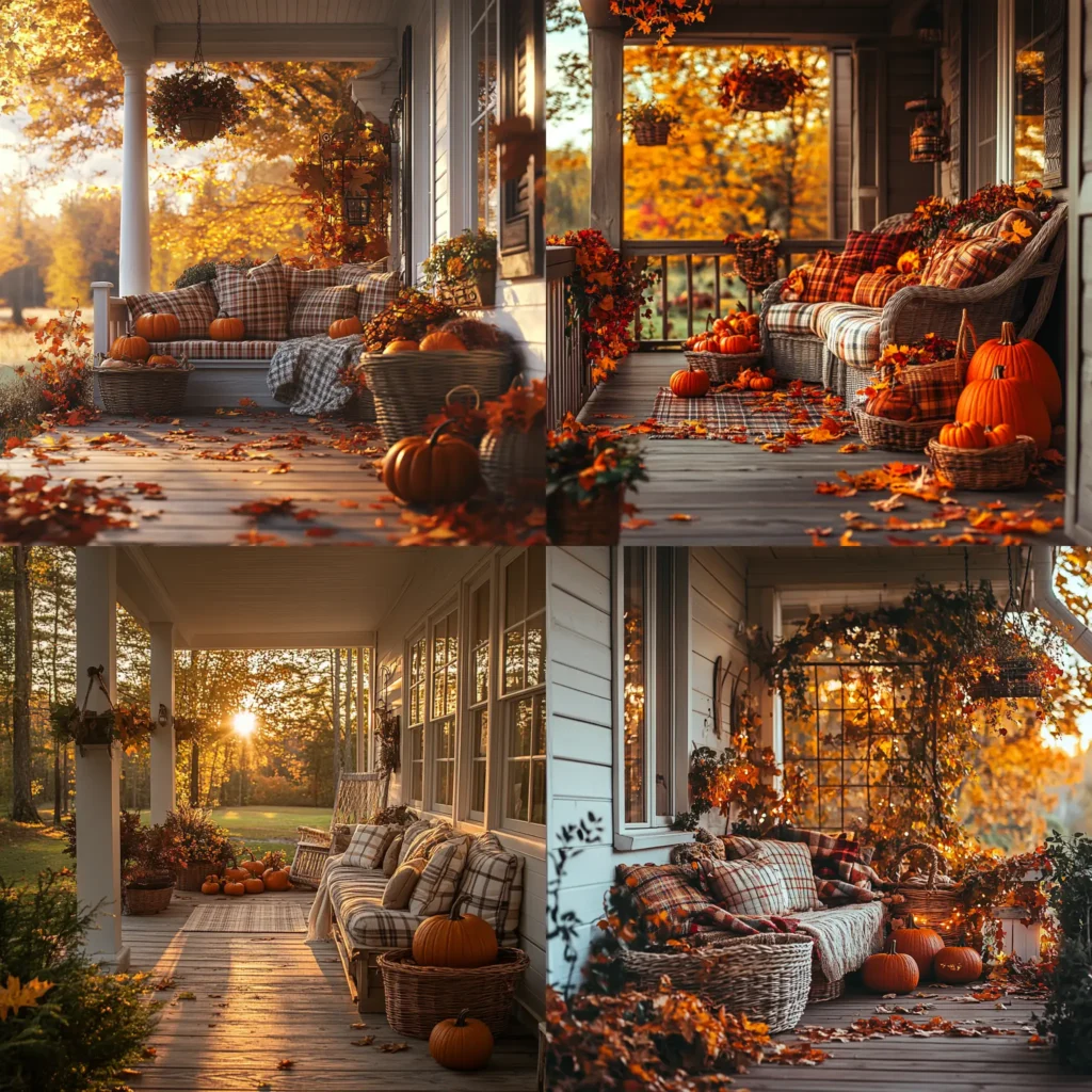 cozy fall front porch decor ideas with plaid cushions and rustic baskets
