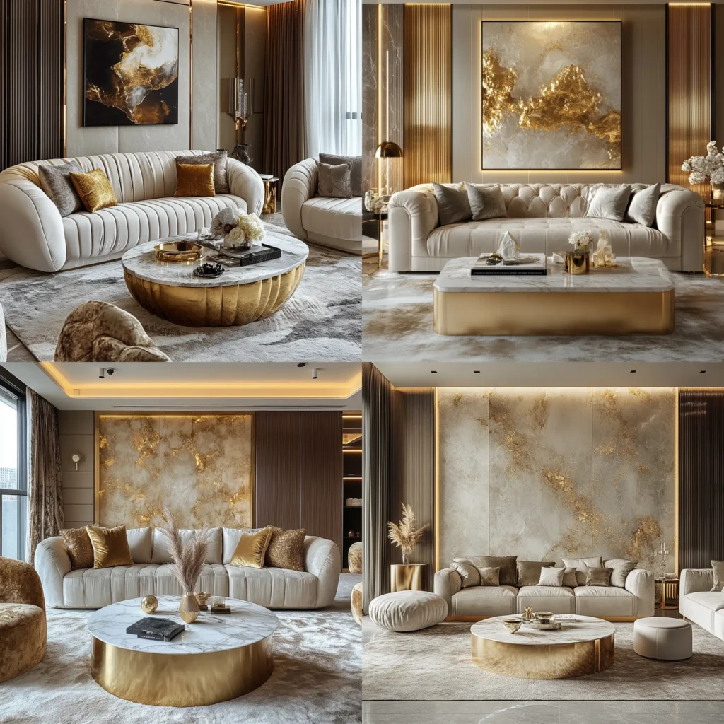 Glamour home decor luxury living room with velvet and gold accents