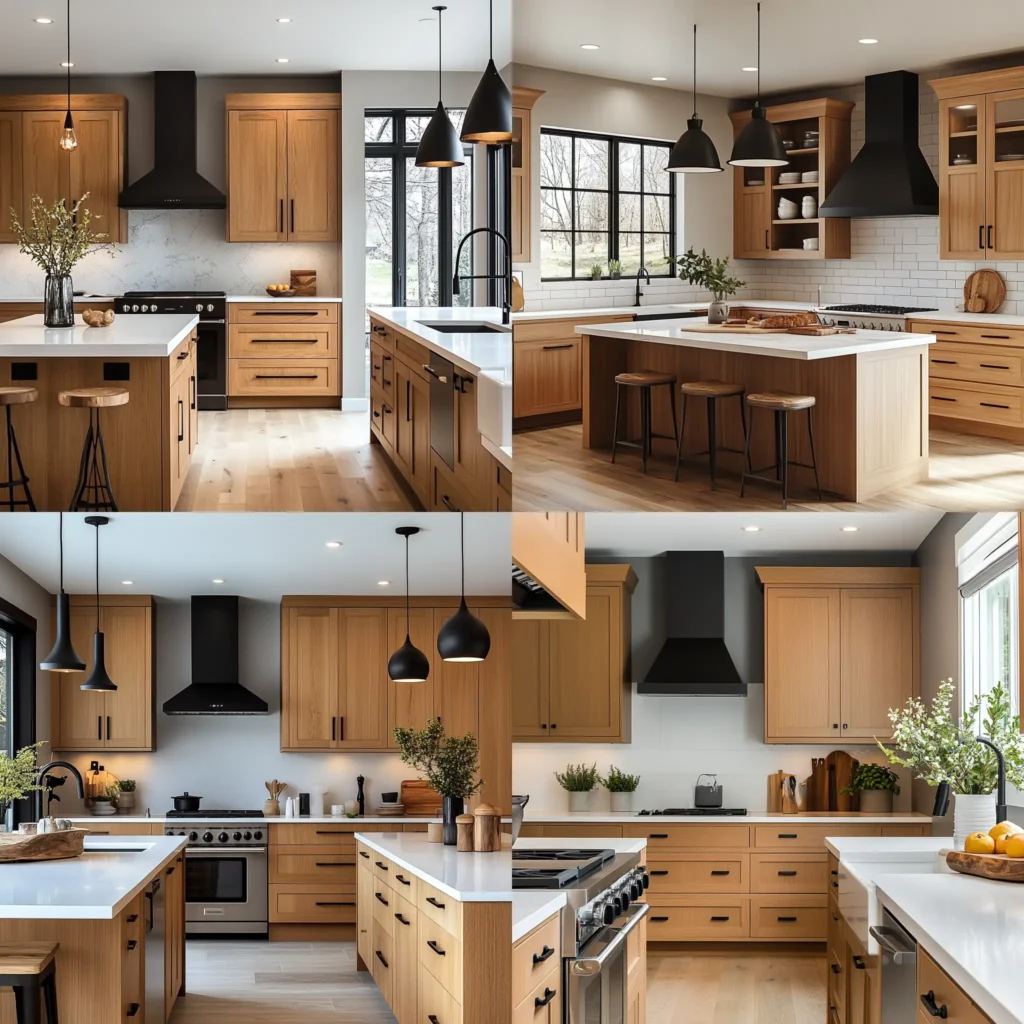Modern kitchen with honey oak kitchen cabinets and soft gray wall contrast