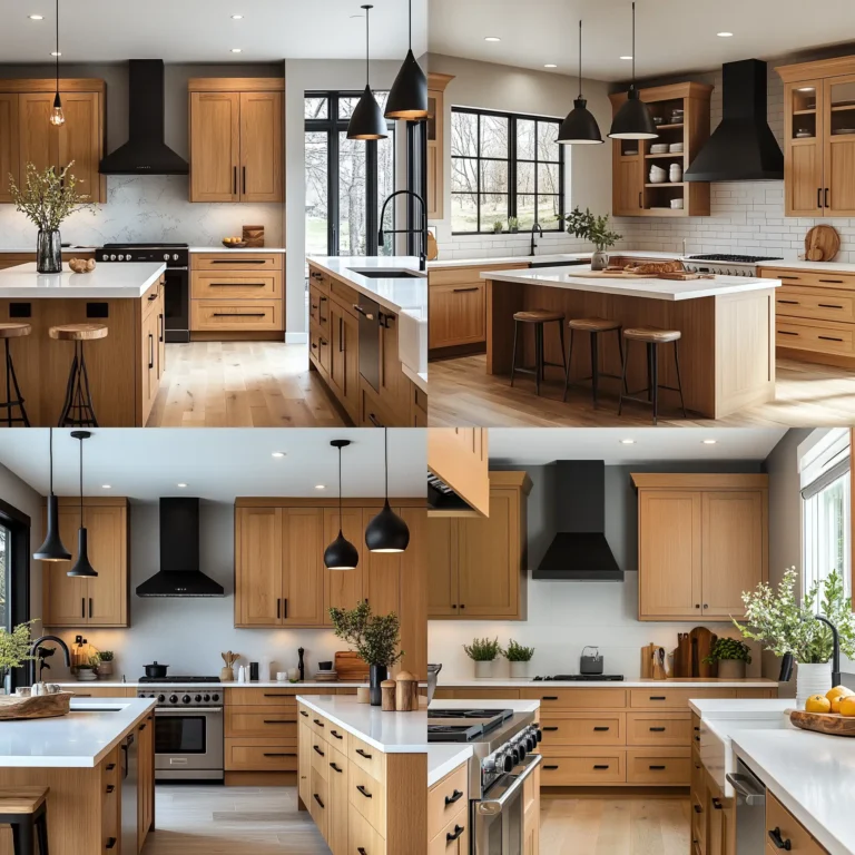 Modern kitchen with honey oak kitchen cabinets and soft gray wall contrast