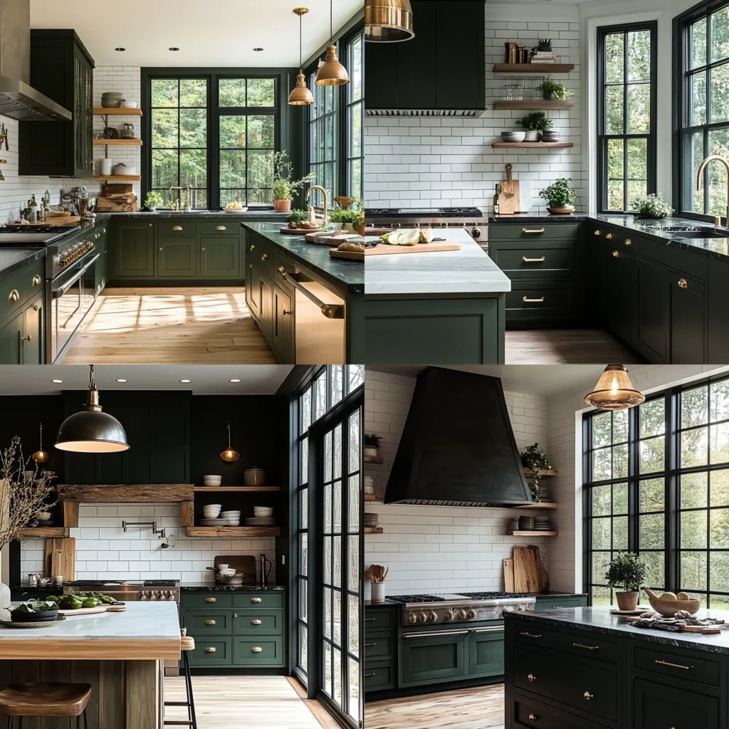 Dark green kitchen cabinets in a modern kitchen with black countertops and brass accents.