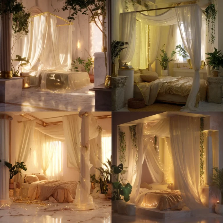 Ethereal bedroom styled in goddess aesthetic with white canopy and soft lighting.