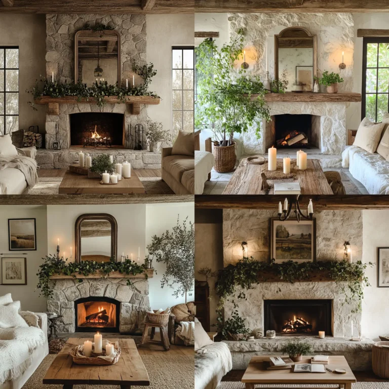 Fireplace mantle decor with candles, greenery, and layered artwork