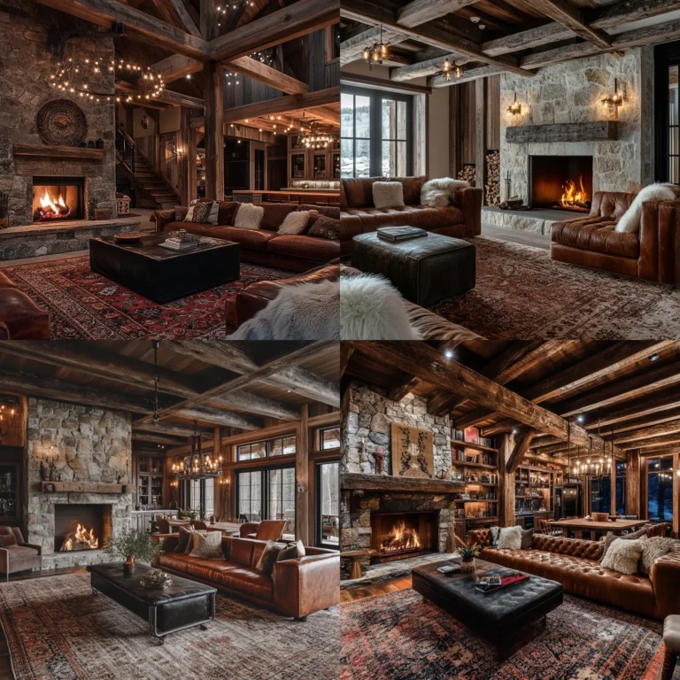 Luxury rustic living room with stone fireplace and cozy oversized furniture