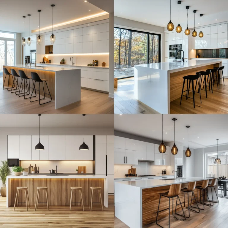 Open-concept kitchen layout with central island and modern lighting