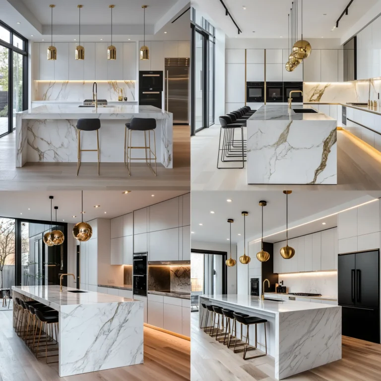 Modern luxury kitchen with waterfall island and sleek high-end design