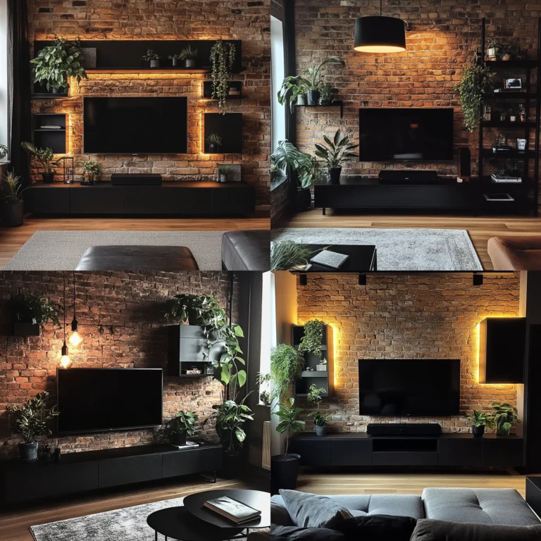 Mounted TV floating shelves in a modern black and minimalist living room setup