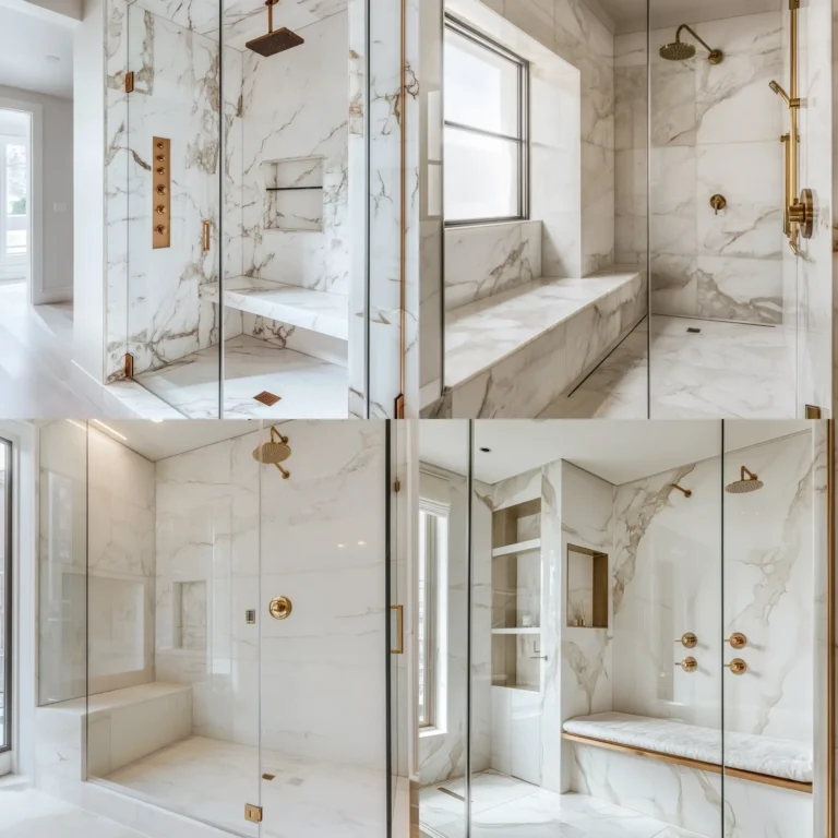 Luxurious marble tile shower with gold fixtures and floor-to-ceiling veining