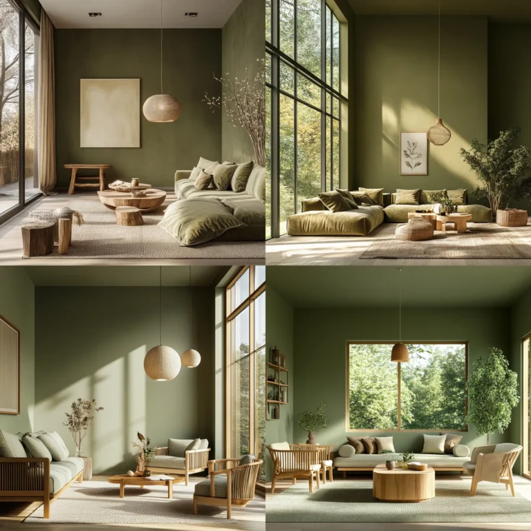 Modern green living room with olive walls and natural wood elements