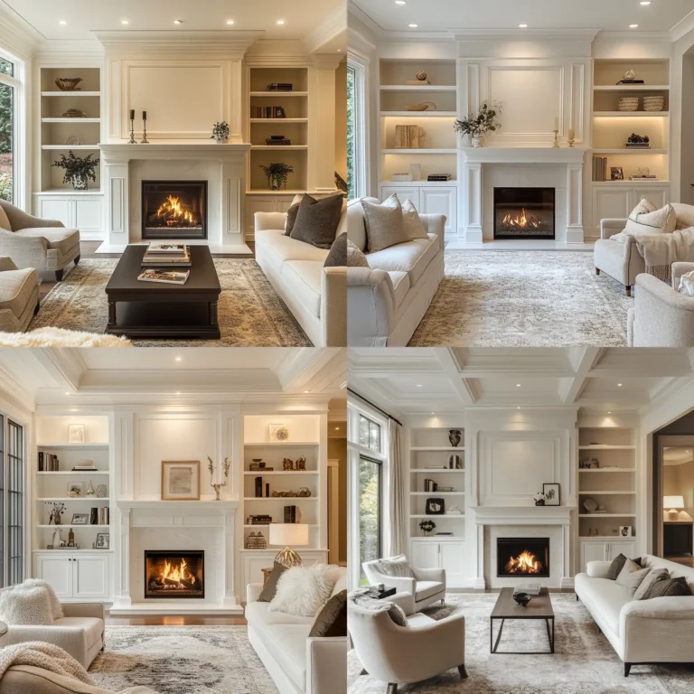 Cozy living room with white fireplace built ins and warm decorative elements