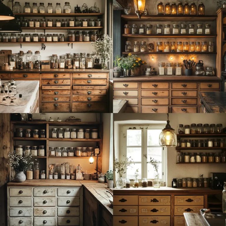 Apothecary kitchen with labeled drawers and vintage glass jars