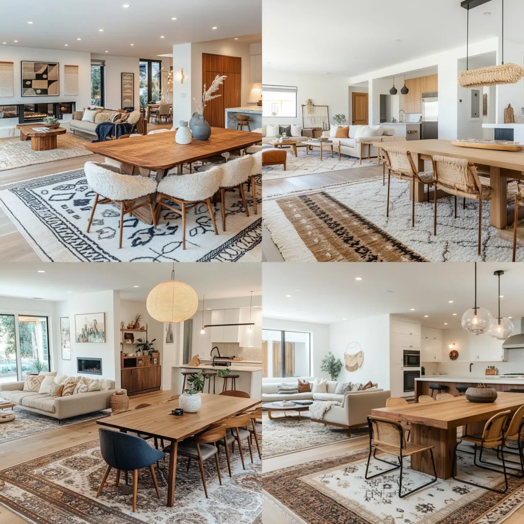 Open concept living dining room with area rugs defining living and dining spaces
