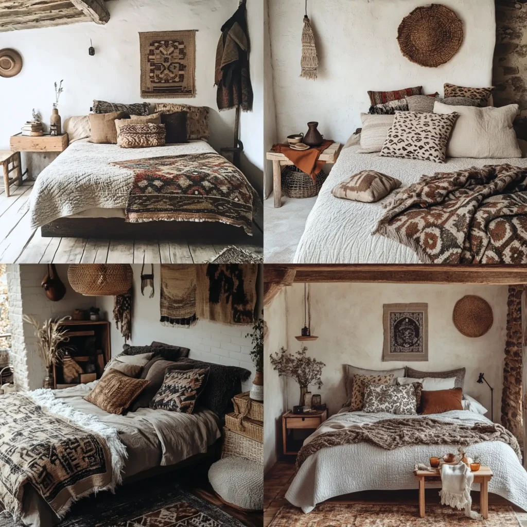 Cozy rustic boho bedroom with layered textiles and earthy tones