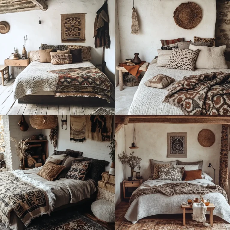 Cozy rustic boho bedroom with layered textiles and earthy tones