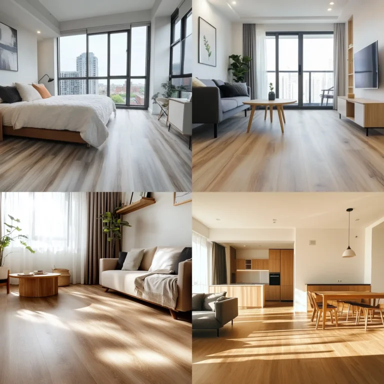 Temporary flooring ideas with peel-and-stick vinyl tiles in a cozy modern room