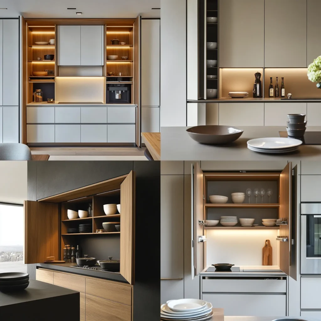 Concealed cabinet doors providing hidden storage in a modern kitchen.