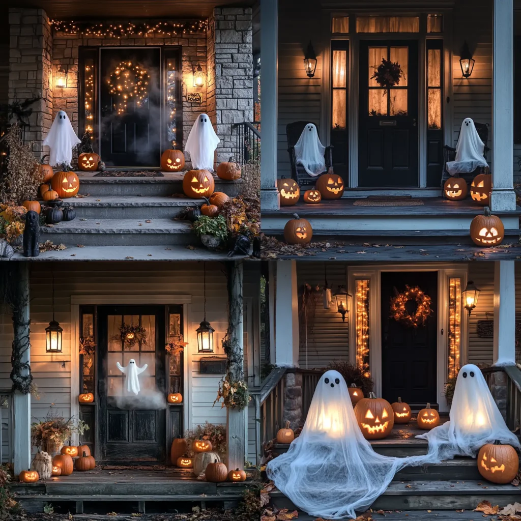 Ghostly Halloween decorations on a spooky front porch with floating figures and pumpkins