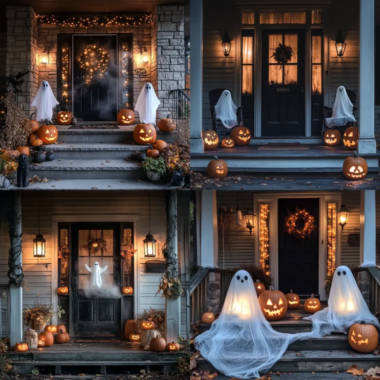 Ghostly Halloween decorations on a spooky front porch with floating figures and pumpkins