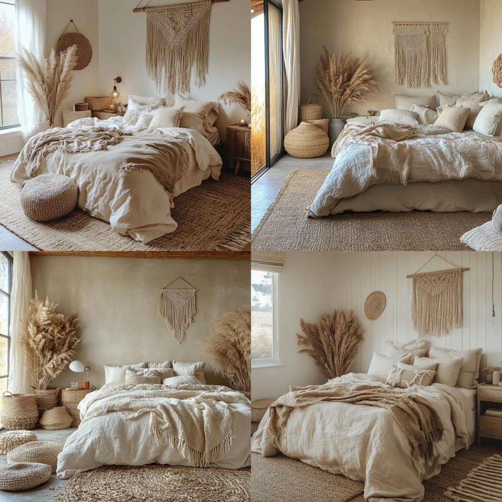 Earthy neutral boho bedroom with layered textiles, beige and taupe tones, and cozy natural textures