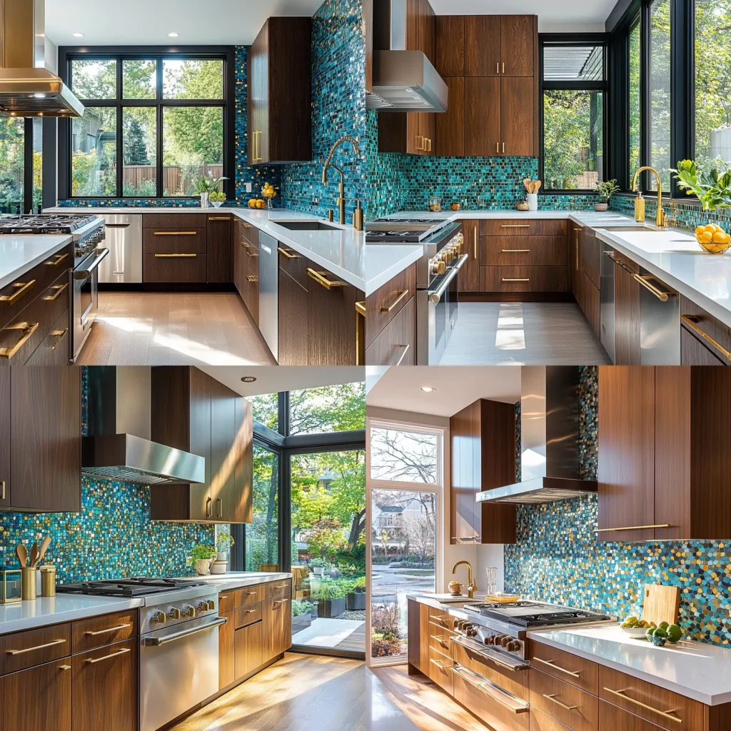 Modern kitchen featuring dark wood kitchen cabinets with teal mosaic backsplash and gold hardware