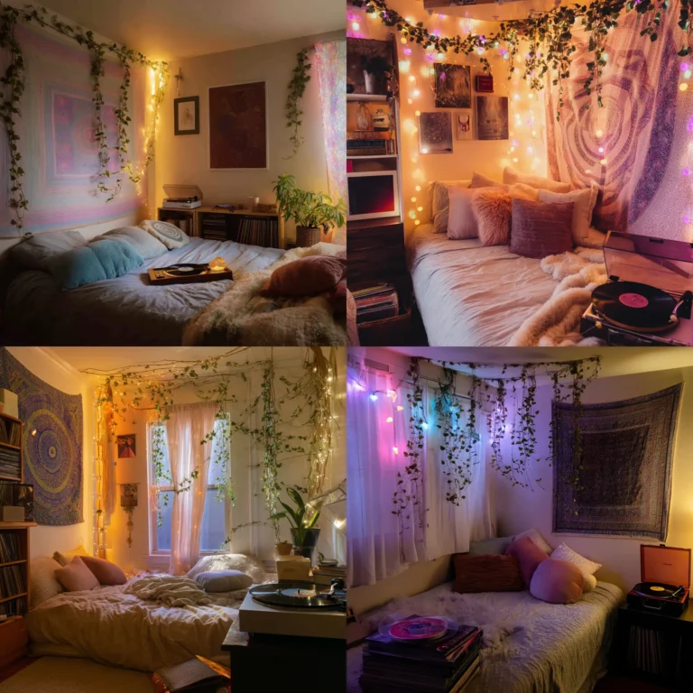 Chill vibey room with pastel LED lighting, boho decor, and cozy ambiance