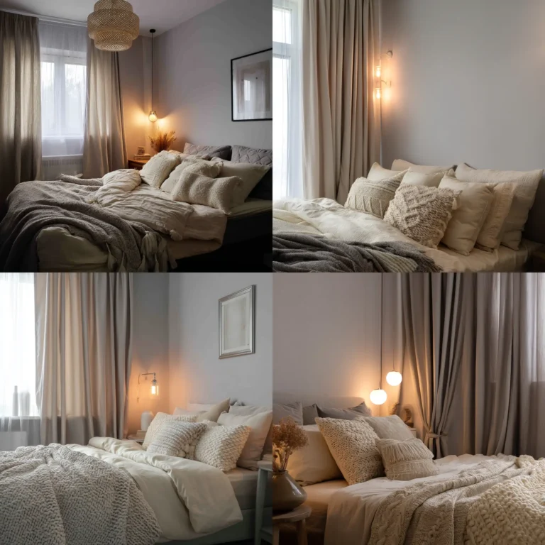 Gray and cream bedroom with soft lighting and elegant minimal decor