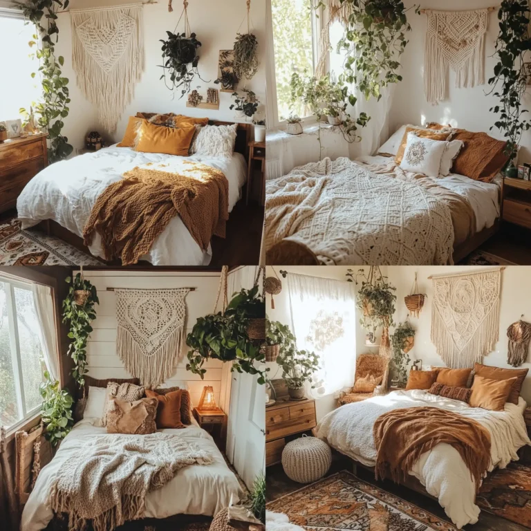 Cozy boho style small bedroom with macrame, plants, and warm layered textiles