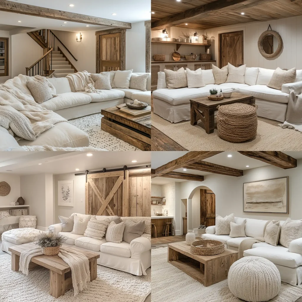 Farmhouse basement with neutral color palette, wooden accents, and a cozy vibe