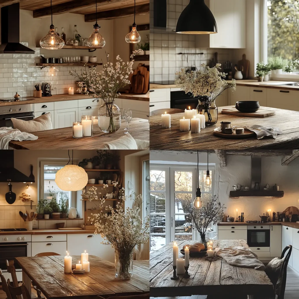Hygge kitchen with soft lighting, candles, and cozy Nordic-inspired decor