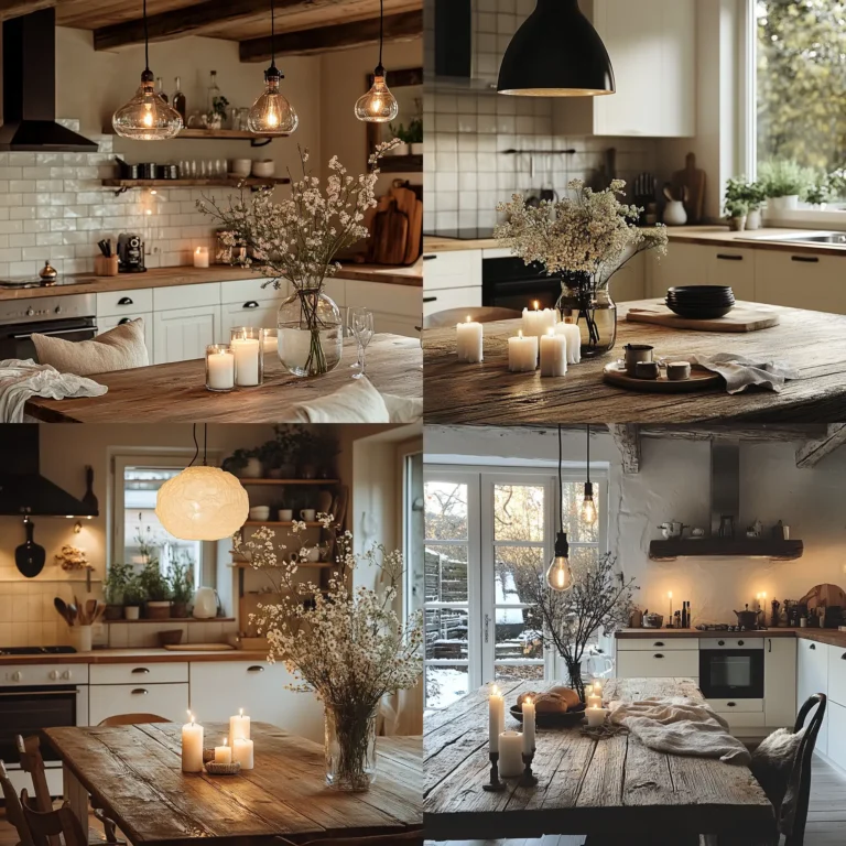 Hygge kitchen with soft lighting, candles, and cozy Nordic-inspired decor
