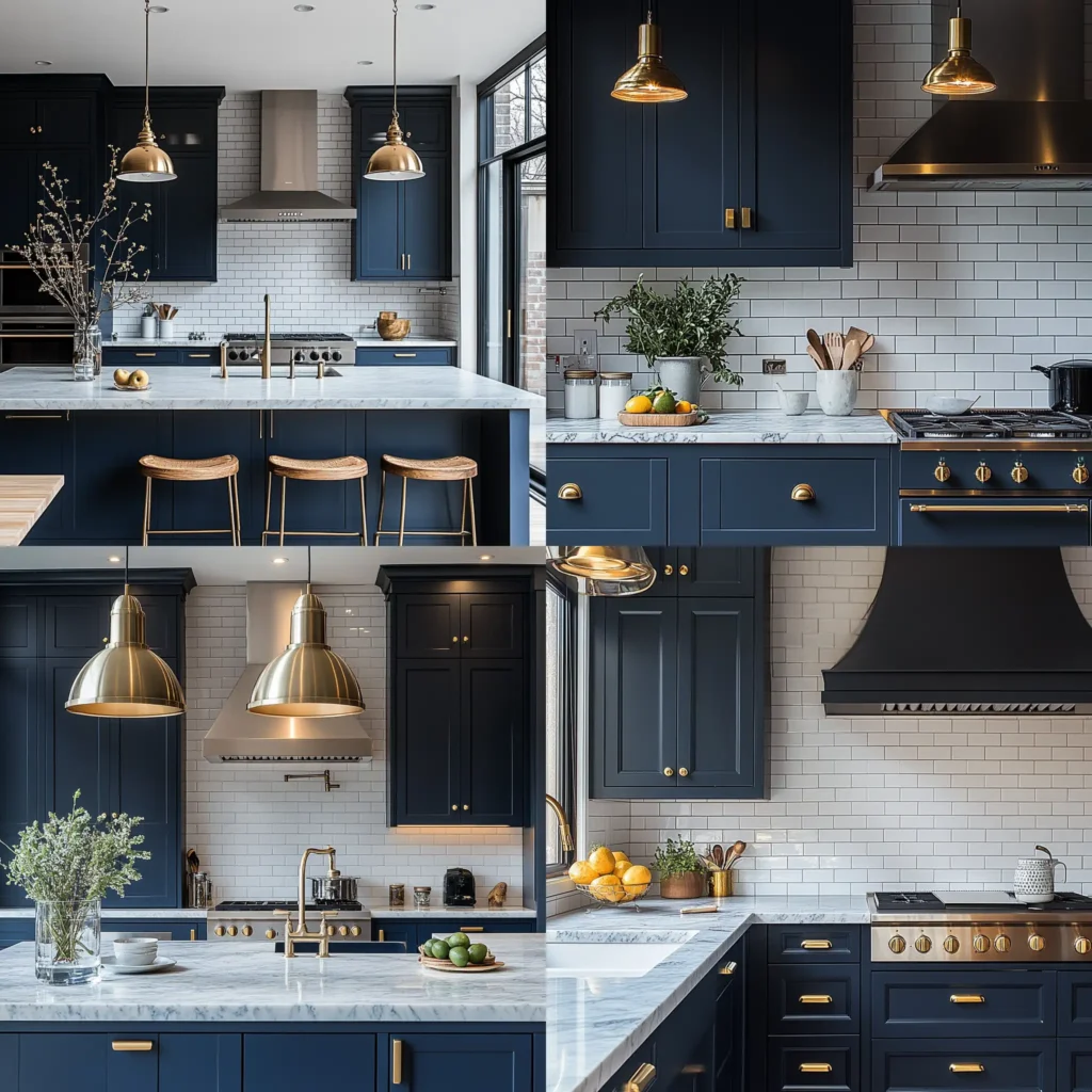 Modern kitchen with navy blue kitchen cabinets and brass hardware