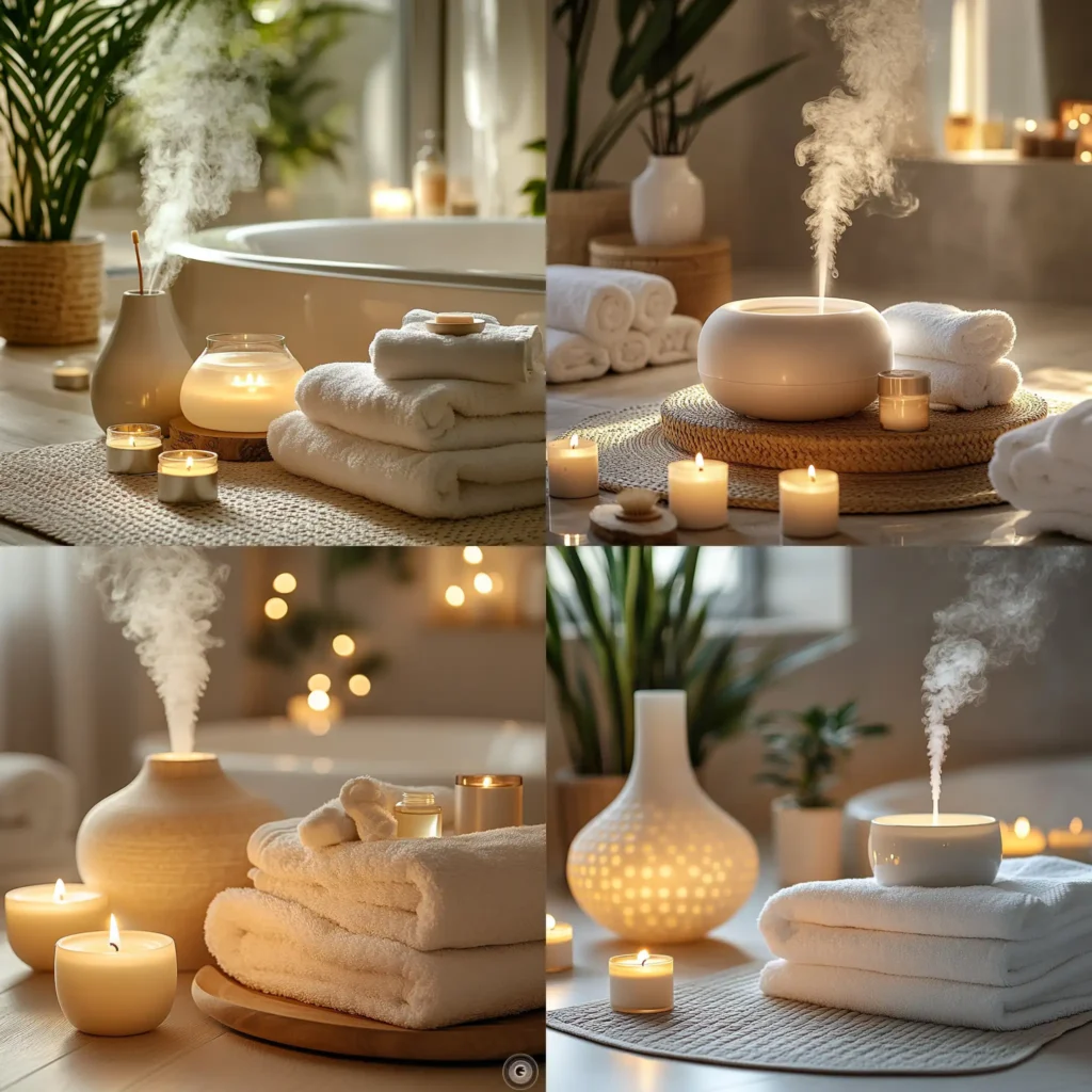 Spa at home essentials including bath salts, candles, and towels in a serene bathroom setting.