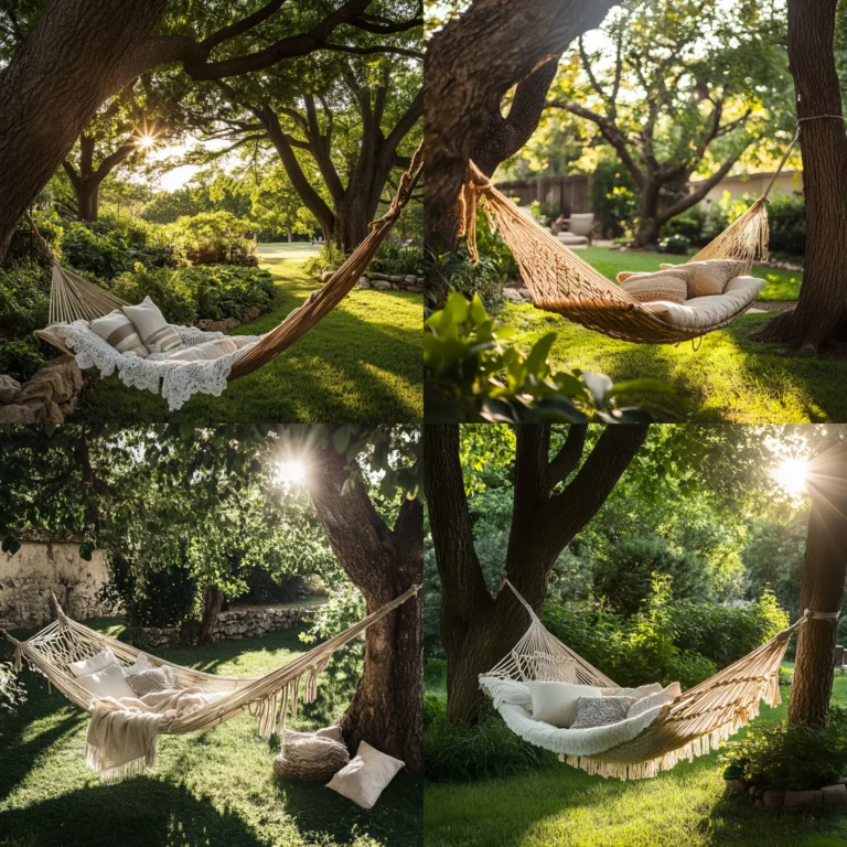 Rope hammock between two backyard trees with pillows and green surroundings