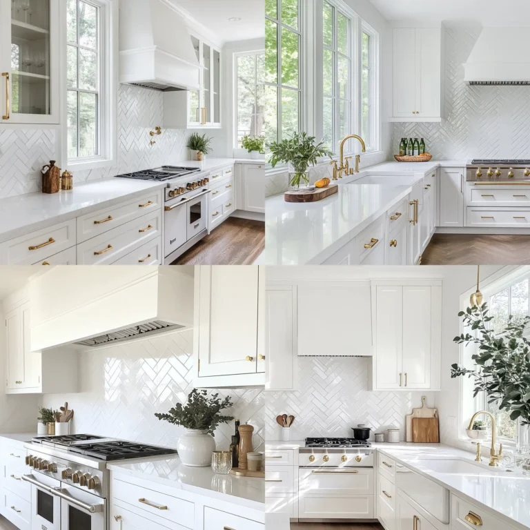 White kitchen with glossy white herringbone tile backsplash and gold hardware