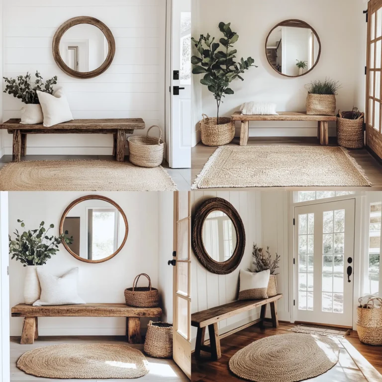 Cozy entryway featuring rustic wood bench and round mirror with natural decor elements