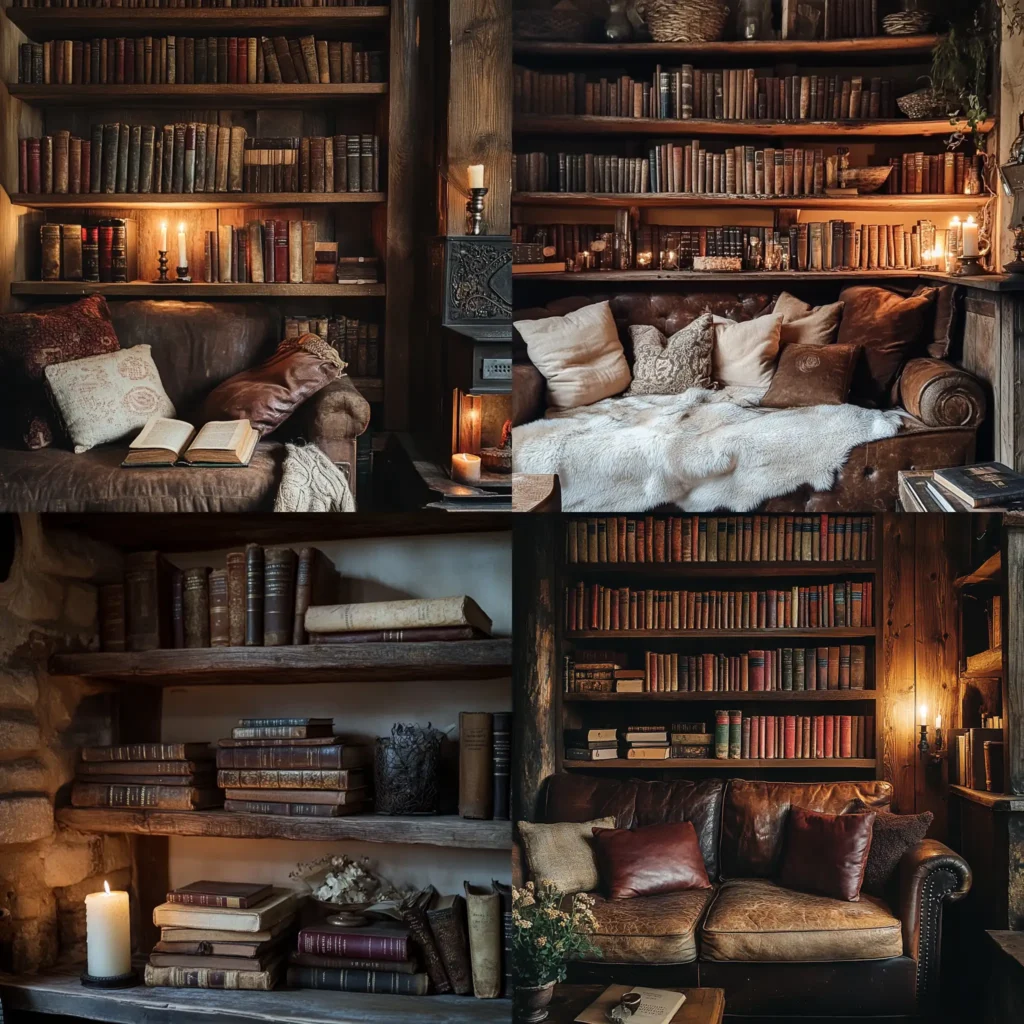 Antique book styling with stacked vintage books on rustic wooden shelves