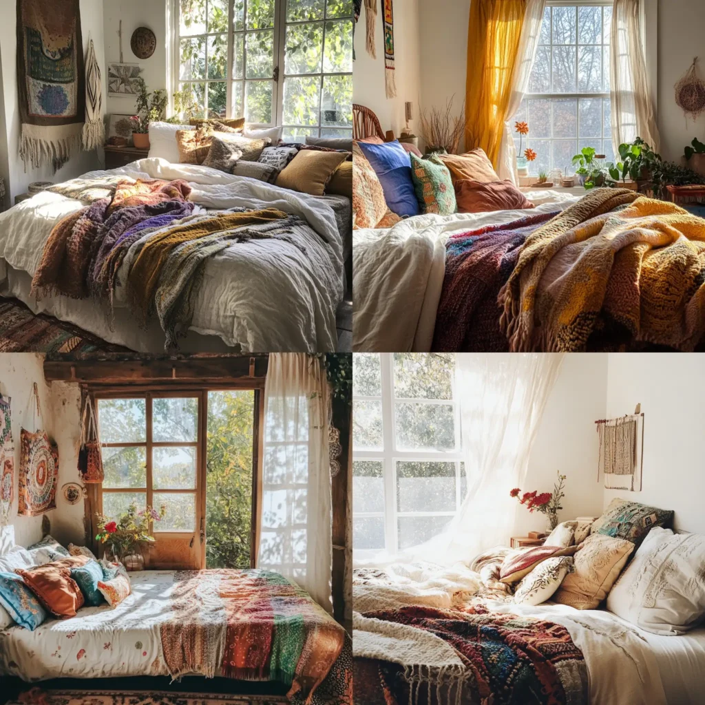 Cozy Boho chic bedroom with layered textiles, throw blankets, and pillows